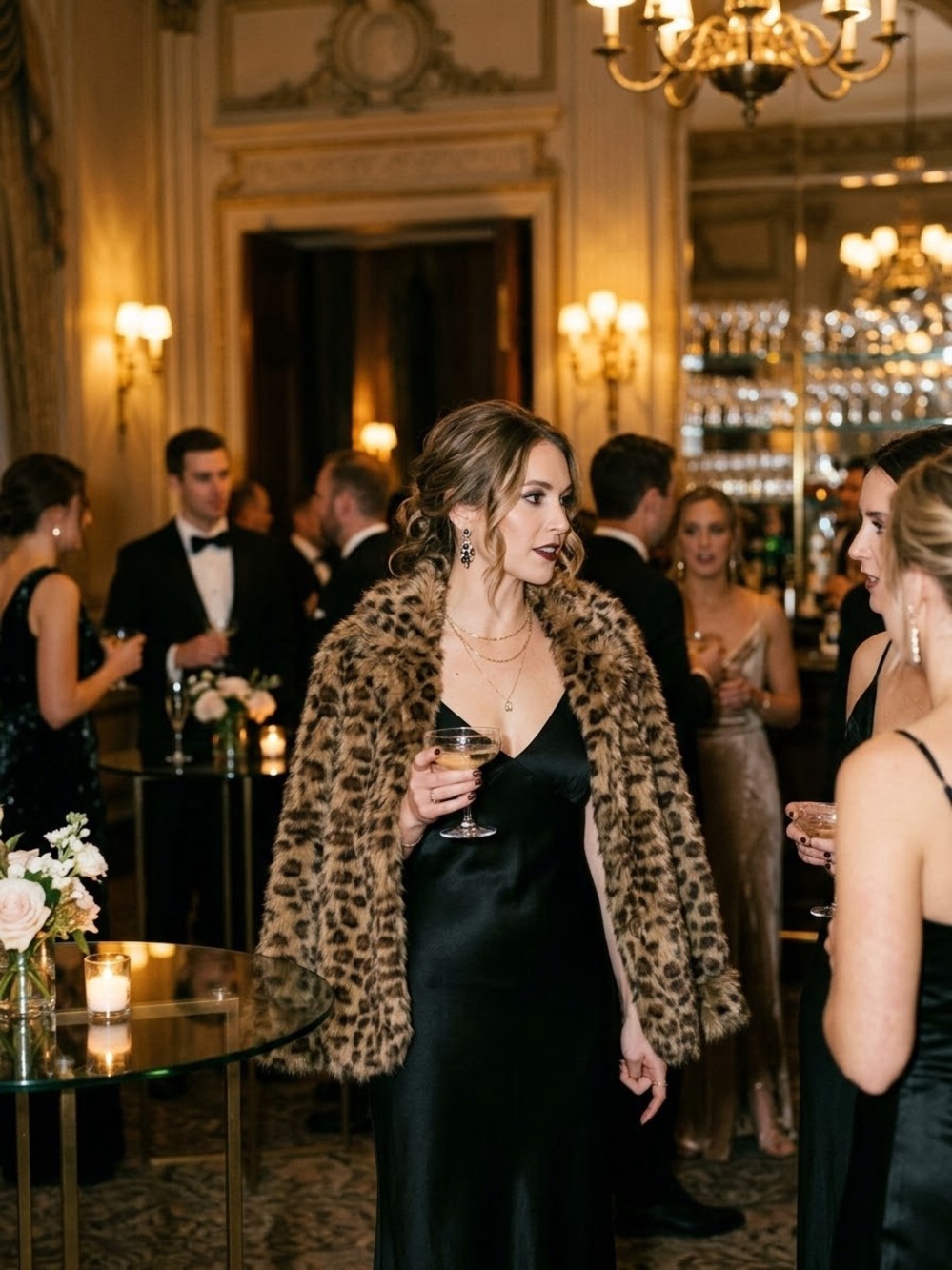 Leopard Print Faux Fur Coat - Women's Elegant Evening Jacket